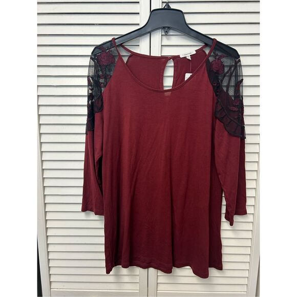 Maurices Black Lace Shoulder Shirt, Maroon 3/4 Sleeve Blouse, Sz XL - Picture 9 of 9